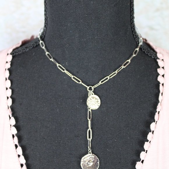 Silver Chain Link Coin Lariat Necklace - Picture 2 of 2